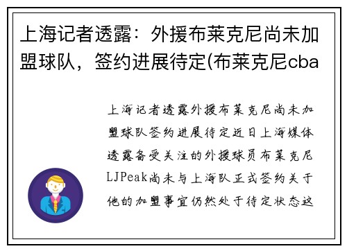 上海记者透露：外援布莱克尼尚未加盟球队，签约进展待定(布莱克尼cba数据)