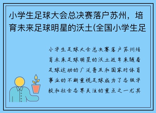 小学生足球大会总决赛落户苏州，培育未来足球明星的沃土(全国小学生足球大会)