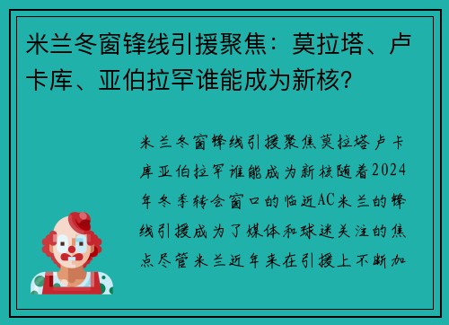 米兰冬窗锋线引援聚焦：莫拉塔、卢卡库、亚伯拉罕谁能成为新核？