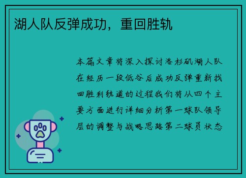 湖人队反弹成功，重回胜轨