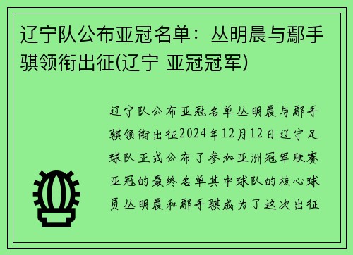 辽宁队公布亚冠名单：丛明晨与鄢手骐领衔出征(辽宁 亚冠冠军)